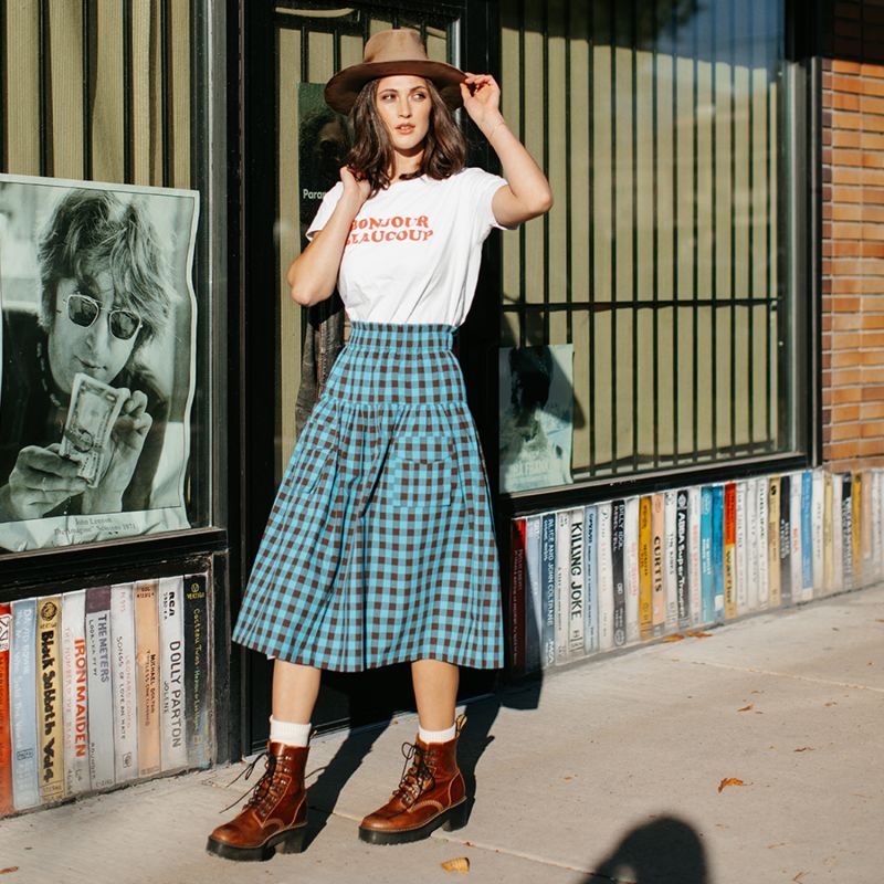 Brown & Turquoise Gingham Linen Cargo Skirt image