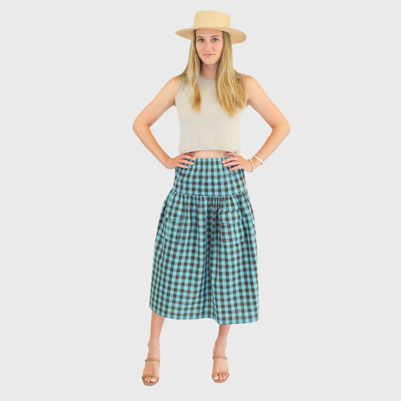 Brown & Turquoise Gingham Linen Cargo Skirt image