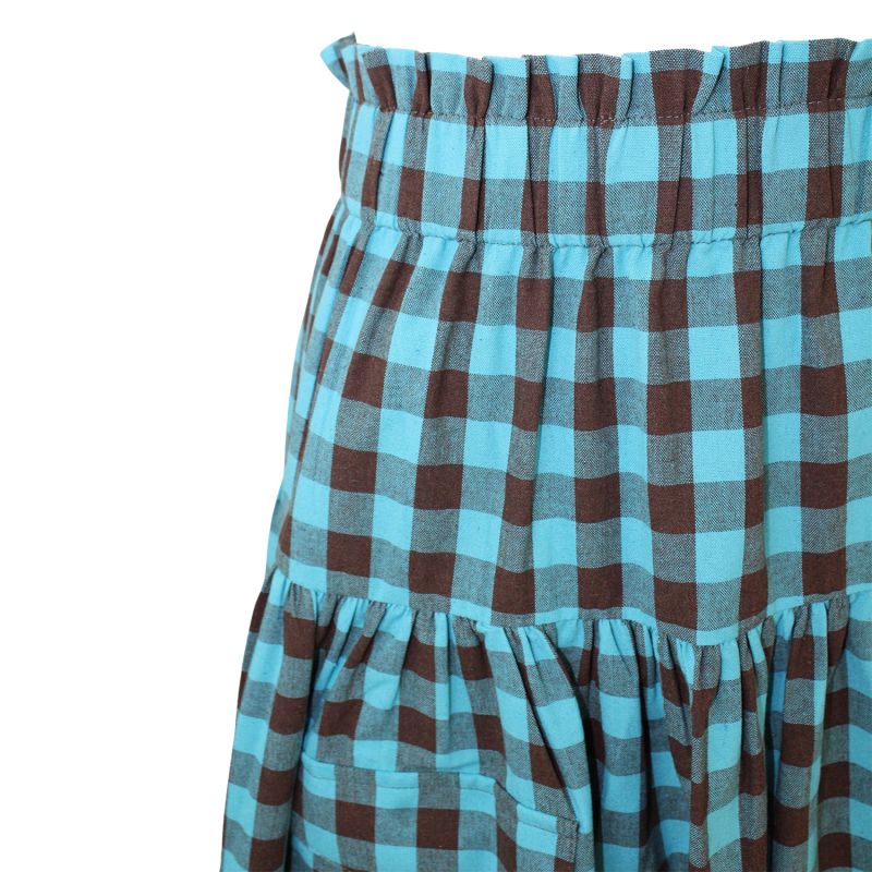 Brown & Turquoise Gingham Linen Cargo Skirt image