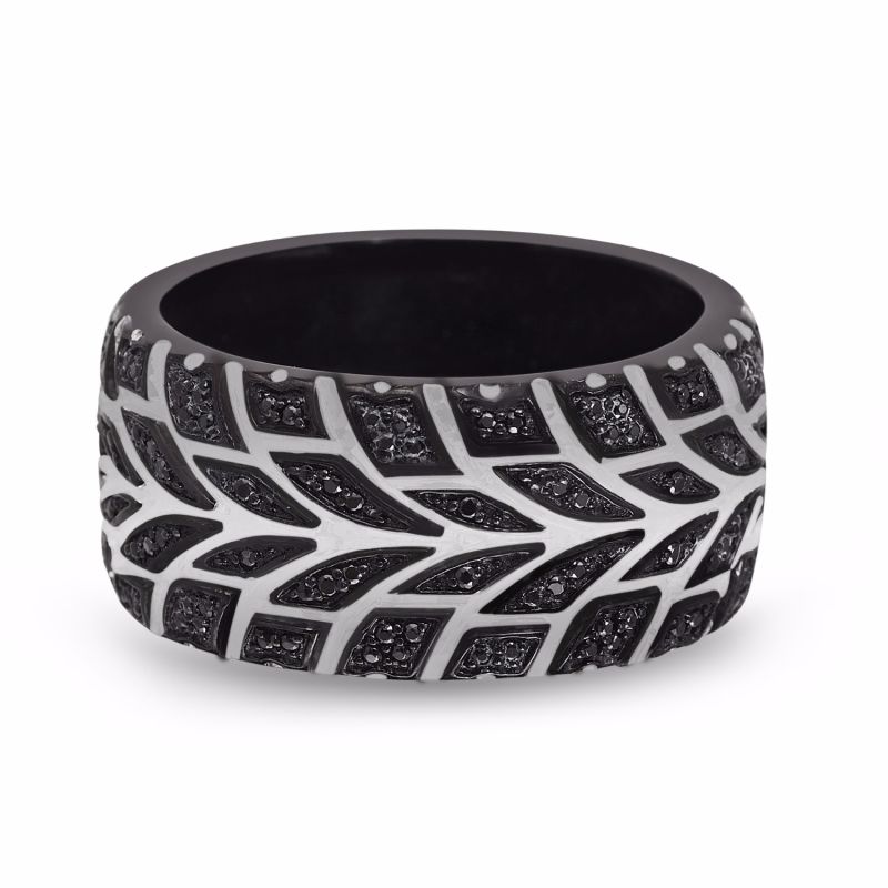 Racer Swag Black Rhodium Plated Sterling Silver Tire Tread Black Diamond Band Ring image