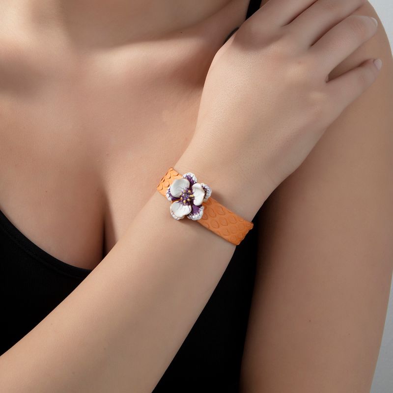 Purple Viola Flower Adjustable Leather Cuff Bracelet image