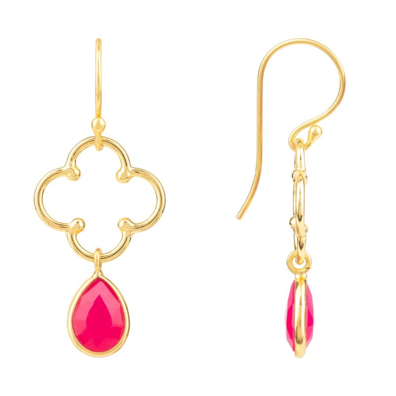 Open Clover Gemstone Drop Earrings Gold Fuchsia Pink Chalcedony image