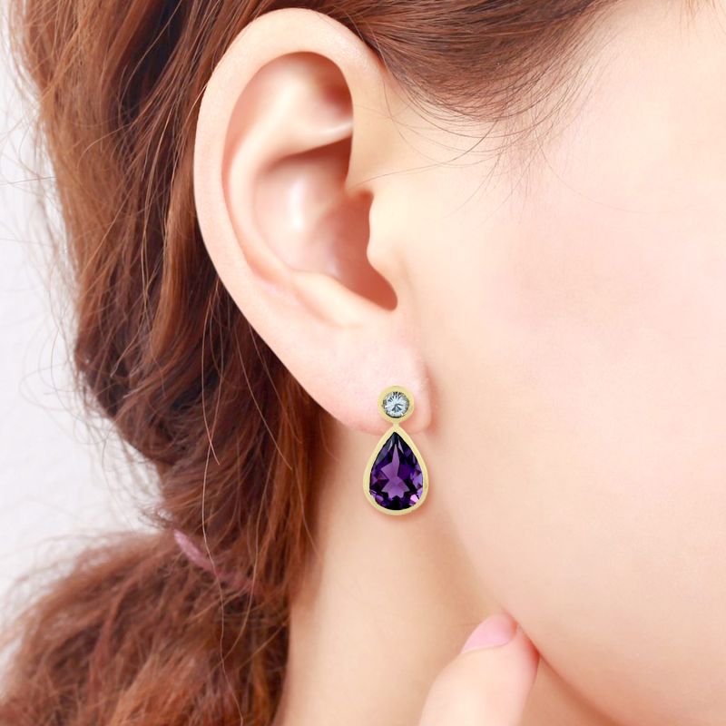 Yellow Gold Pear Shape Dangle Earrings Amethyst White Sapphire image