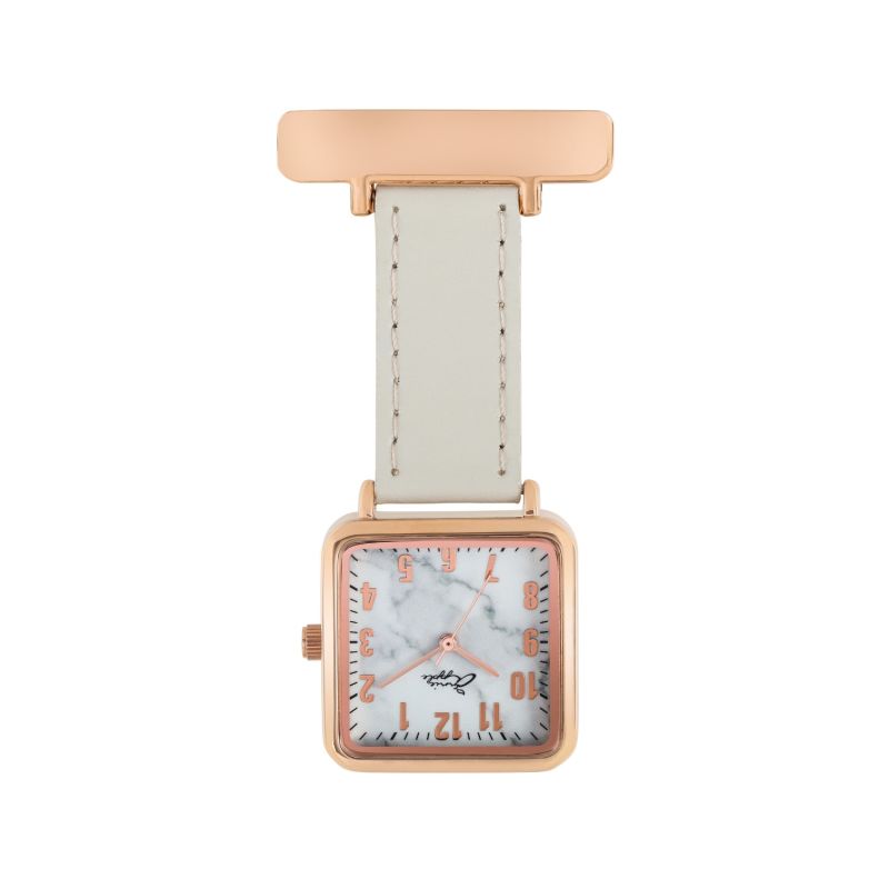 Annie Apple Square Rose Gold & Marble Grey Leather Nurse Fob Watch image