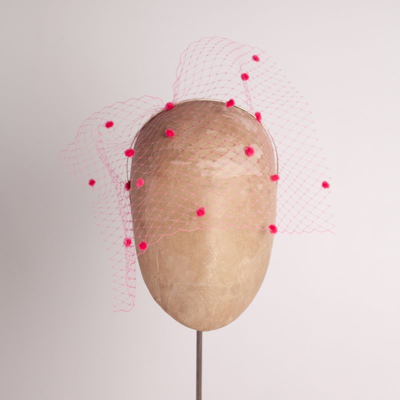 Bubblegum Spot Pink Veiling Headpiece On Gold Metal Headband image