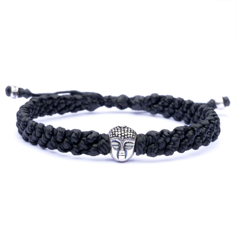 Buddha Bracelet For Men - Handmade Of Black Rope & Sterling Silver - Black image