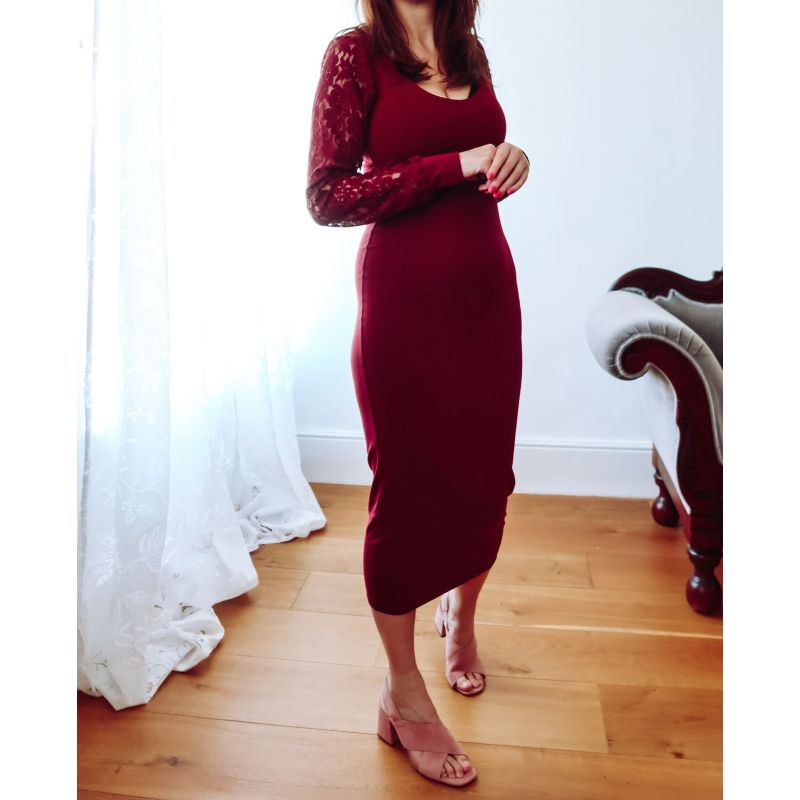 Burgundy Lace Sleeve Jersey Midi Dress image