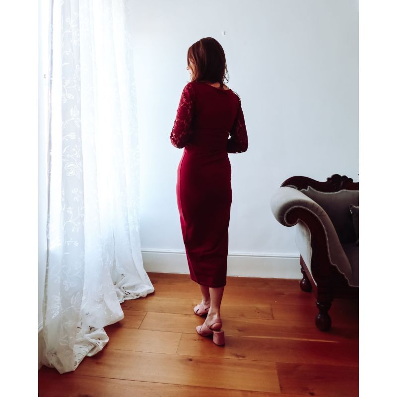 Burgundy Lace Sleeve Jersey Midi Dress image