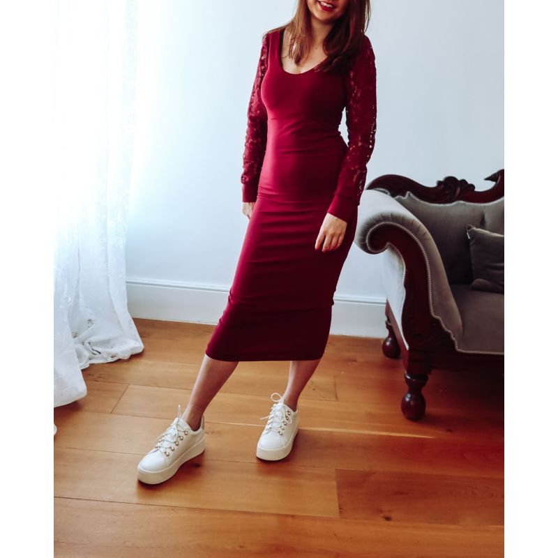 Burgundy Lace Sleeve Jersey Midi Dress image