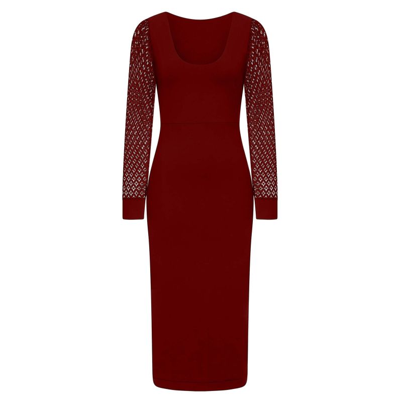 Burgundy Lace Sleeve Jersey Midi Dress image