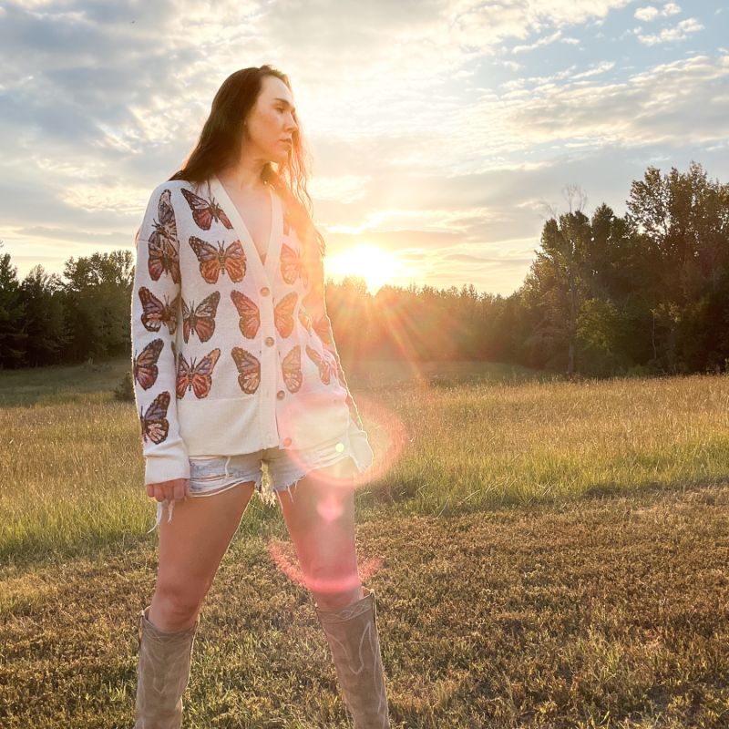 Butter Soft Merino Wool Cardigan In Butterfly Jacquard image