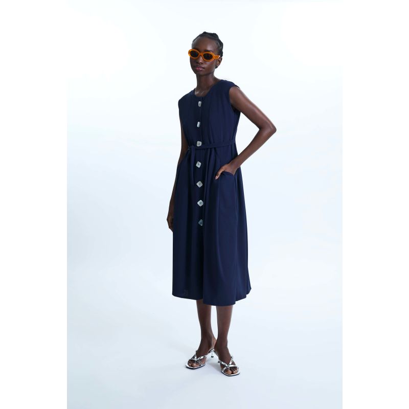 Buttoned Pocket Sleeveless Midi Dress Navy image