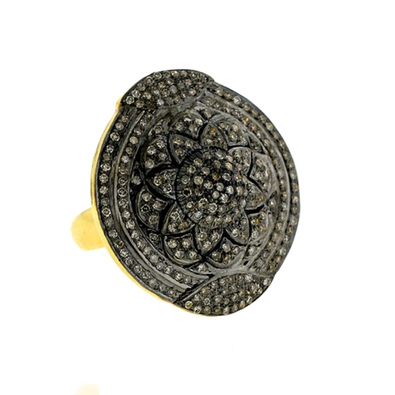 Natural Pave Diamond In 14K Gold 925 Sterling Silver Flower Design Vintage Ring image