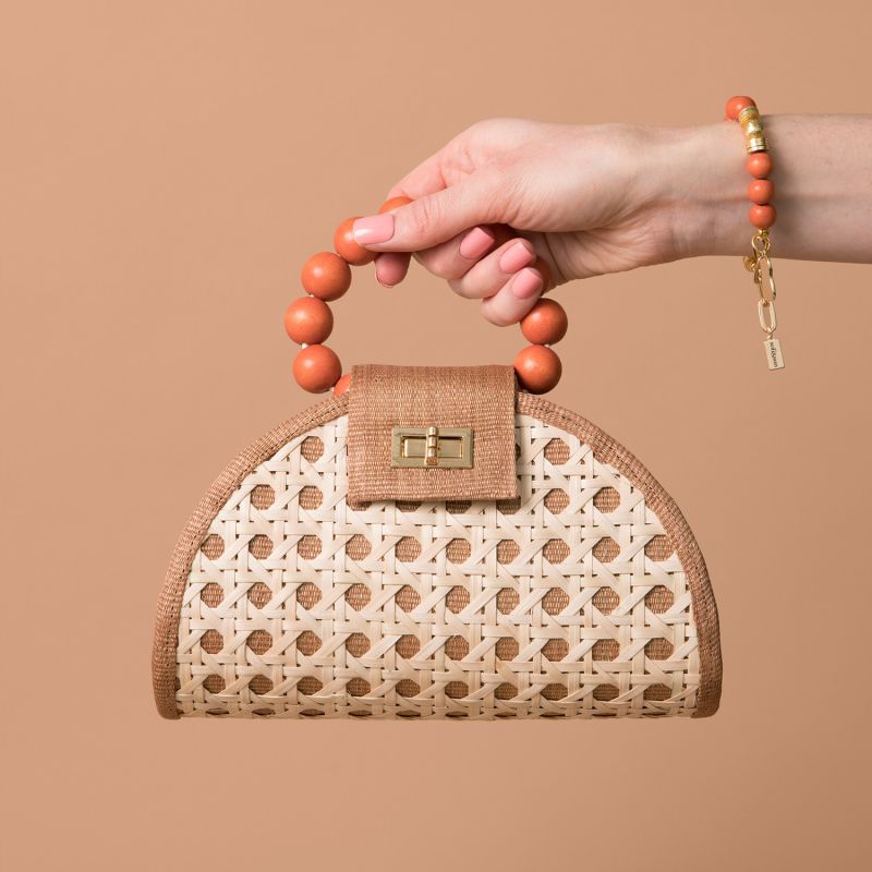 The Bella Tan & Burnt Orange Rattan Woven Handbag image