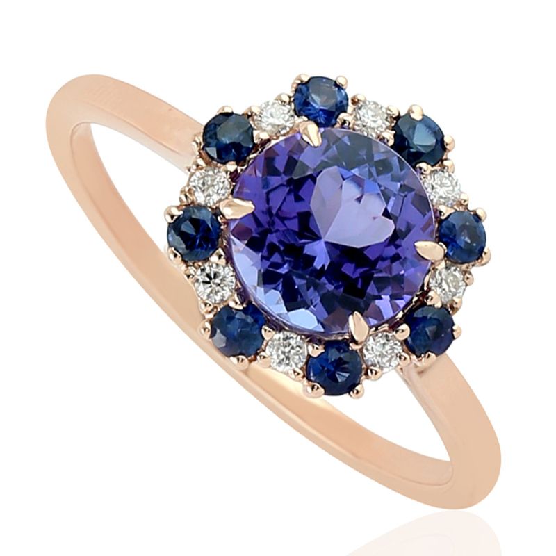 18K Rose Gold Pave Diamond With Tanzanite & Sapphire Solitaire Cocktail Ring Jewelry image