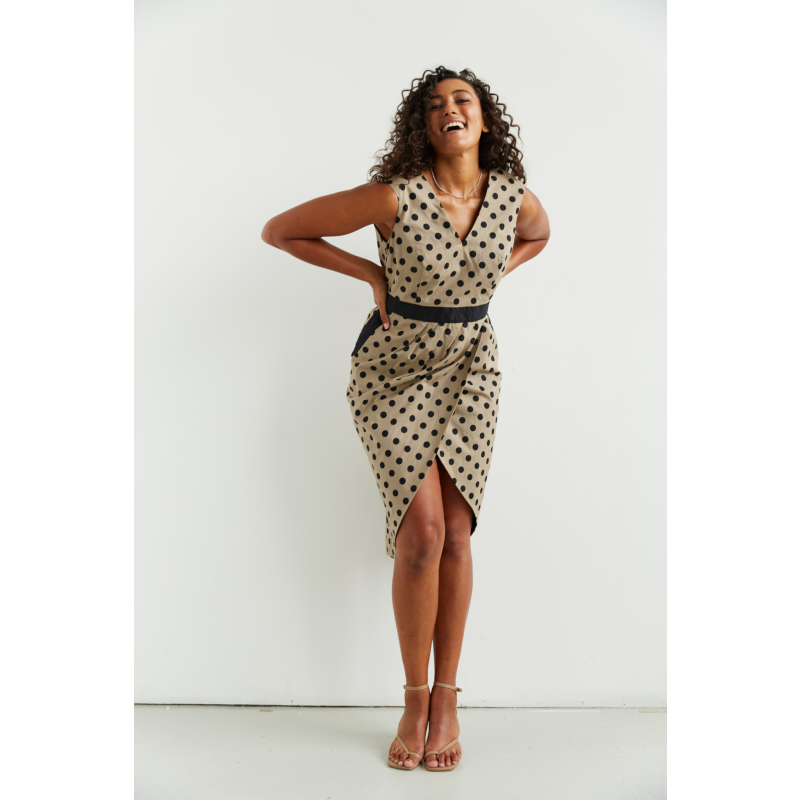 Bessie Beaming Illusion Wrap Dress In Natural And Black Polka Dots Deer You Wolf And Badger