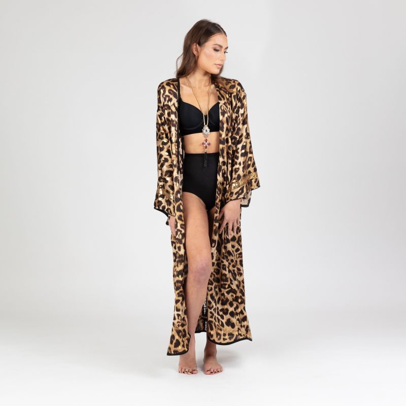 Aliyah - Animal Print Kimono Robe With Golden Sequin Panel image