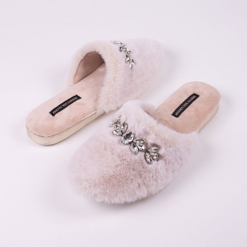 Dido Elegant Diamante Mule Slippers In Cream | Pretty You | Wolf & Badger