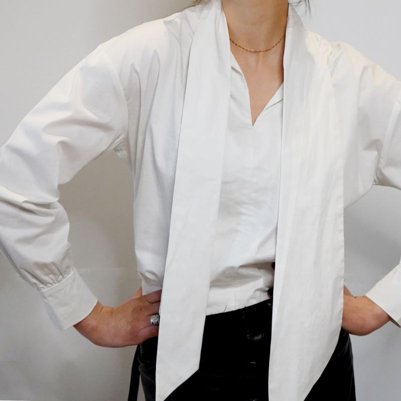 Organic Stretch Cotton White Shirt With Jabot Tie Neck  - The Charlton image