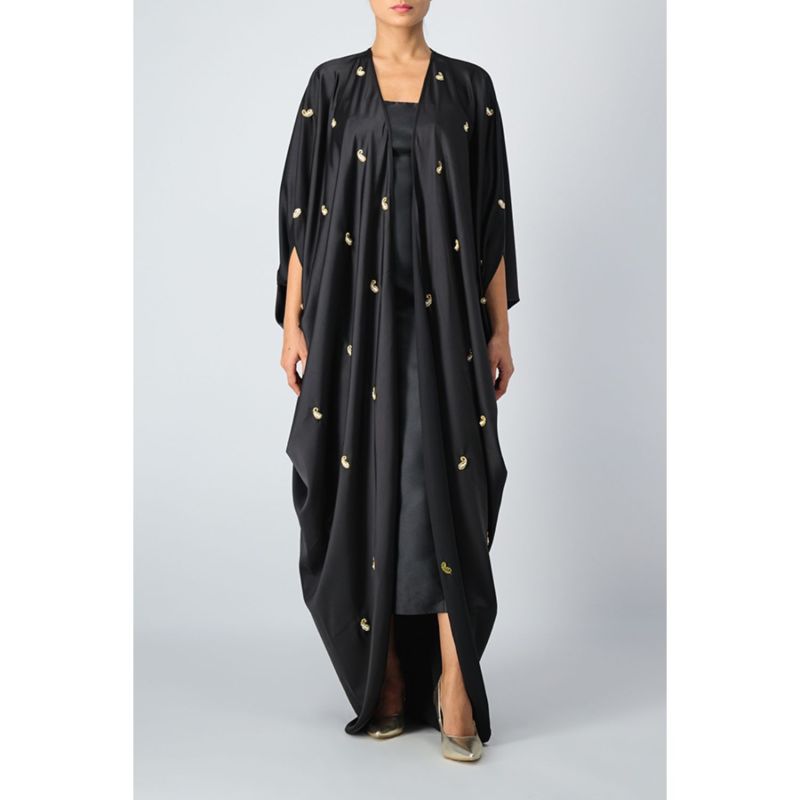 Mariposa Silk Abaya With Scattered Paisley Embellished In Black image