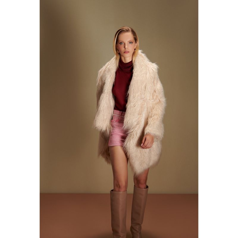 Emine Asymmetrical Faux Fur Wrap Coat In Beige image