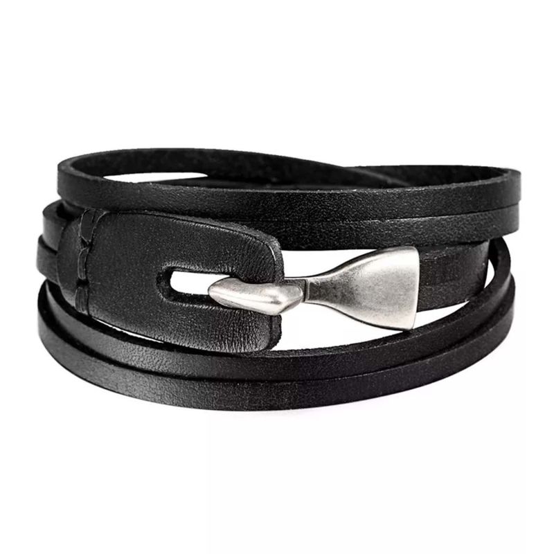 Black Multilayer Leather Bracelet With Hook Closure image