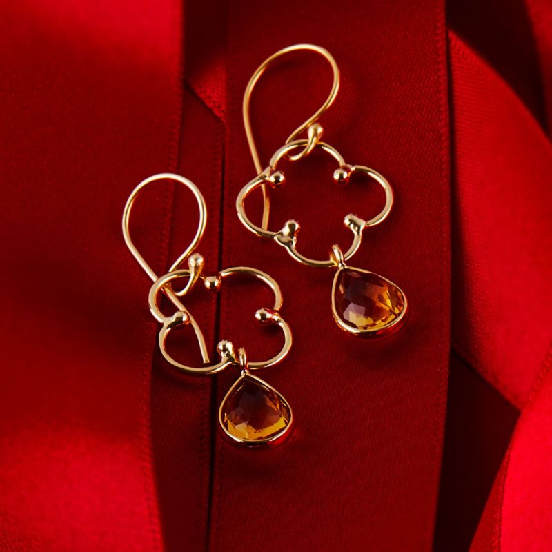 Open Clover Gemstone Drop Earrings Gold Citrine image