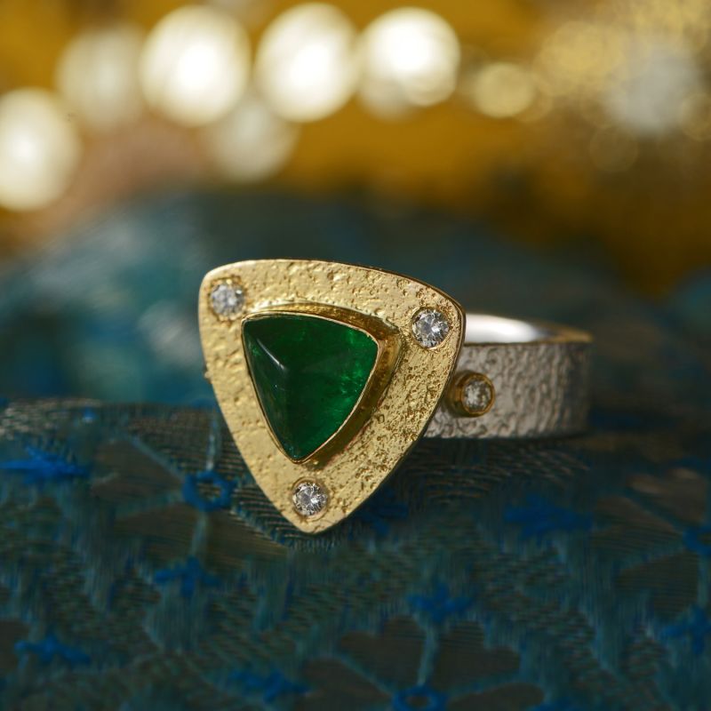 Cabochon Emerald Diamond Triangle Ring image