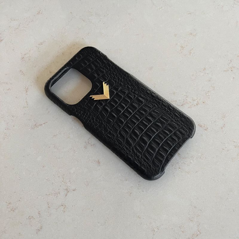 Calf Leather Phone Case, Alligator Texture, Gold - Mystery Black image