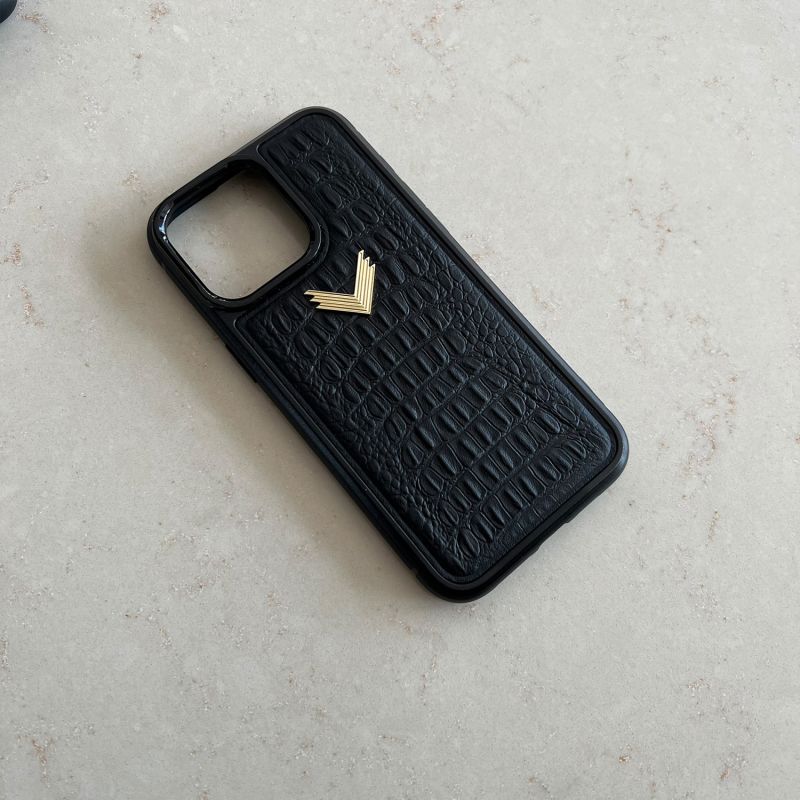 Calf Leather Full Phone Case, Alligator Texture, Gold - Mystery Black image