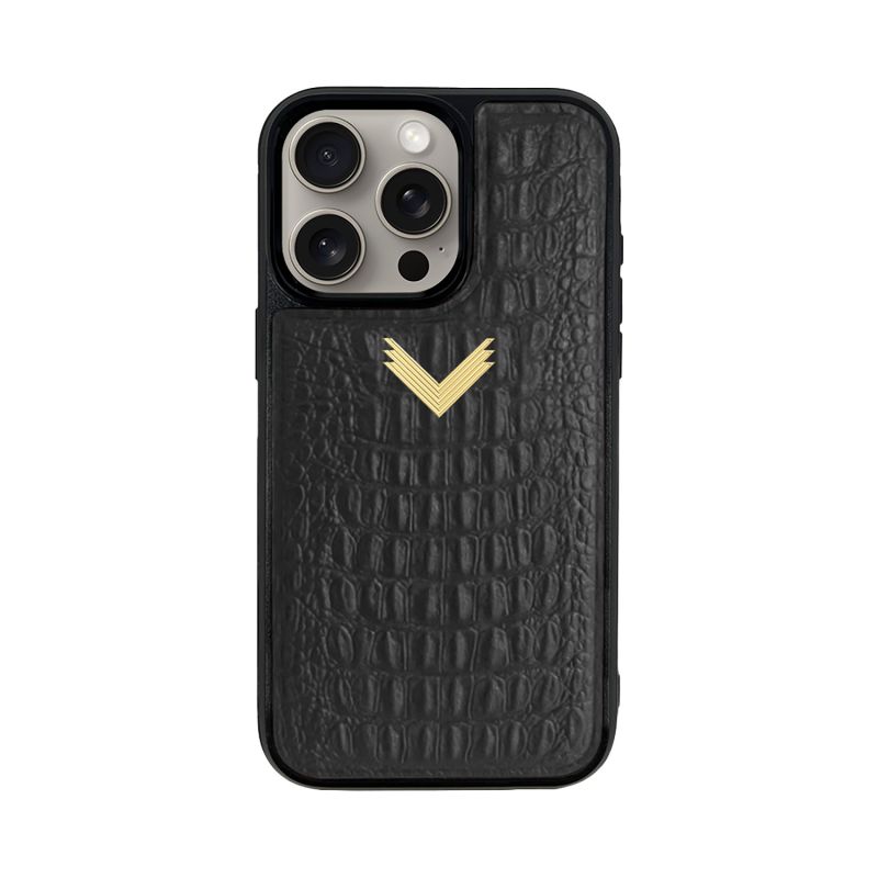 Calf Leather Full Phone Case, Alligator Texture, Gold - Mystery Black image