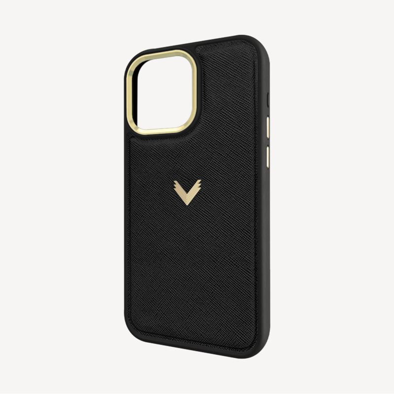 Calf Leather Phone Case, Saffiano Texture, Gold - Black image