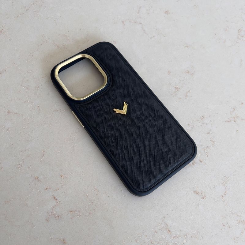 Calf Leather Phone Case, Saffiano Texture, Gold - Black image