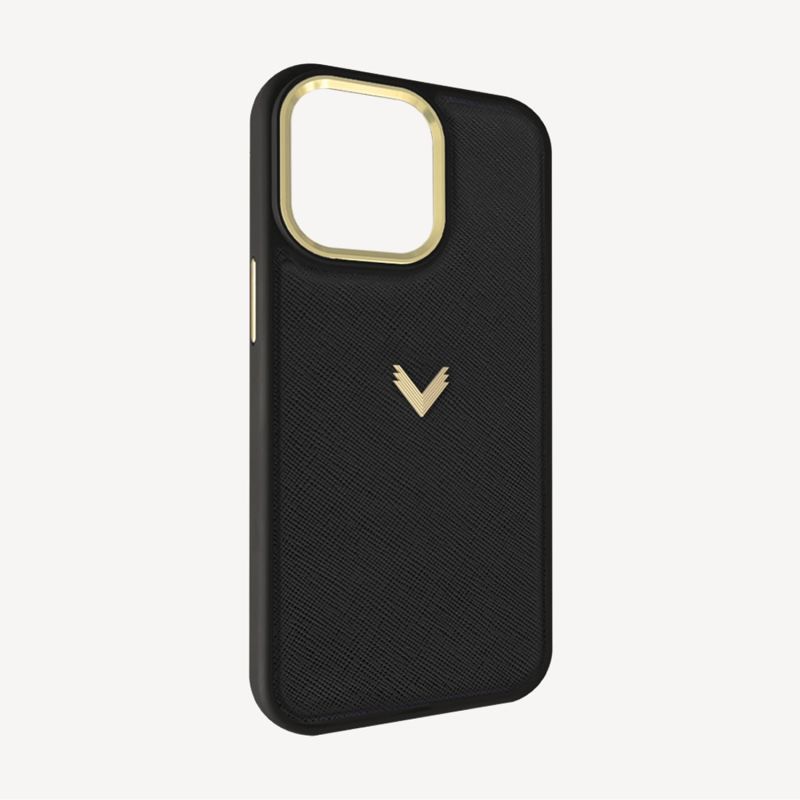 Calf Leather Phone Case, Saffiano Texture, Gold - Black image