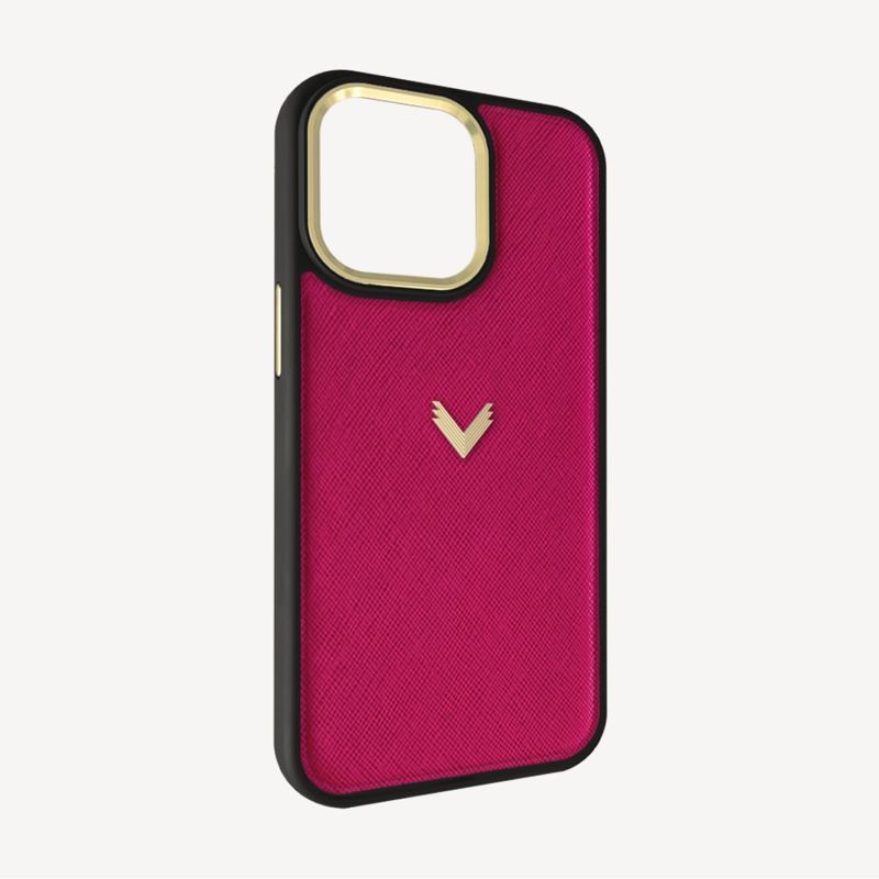 Calf Leather Phone Case, Saffiano Texture, Gold - Rhubarb image