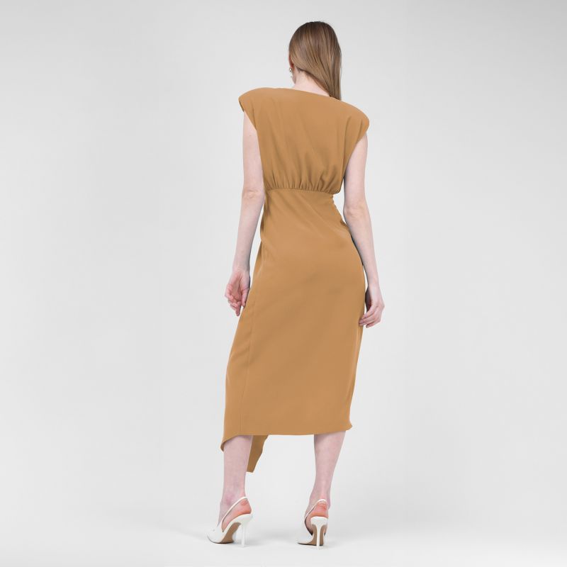 Camel Midi Dress With Draping And Pleats image