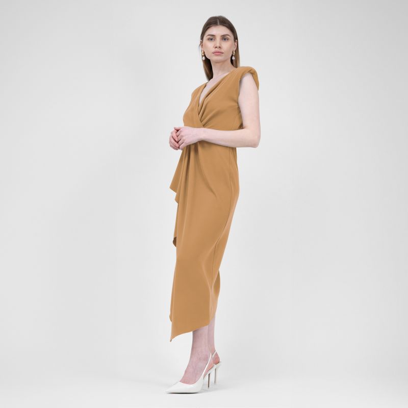 Camel Midi Dress With Draping And Pleats image