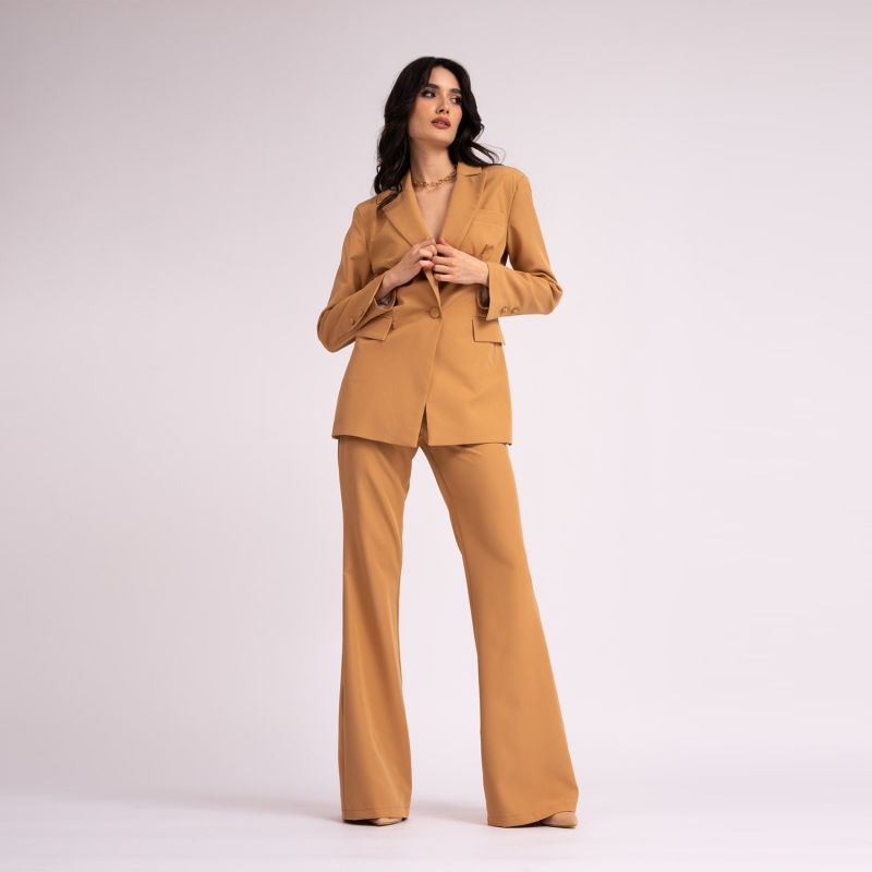 Camel Suit With Slim Fit Blazer And Flared Trousers image