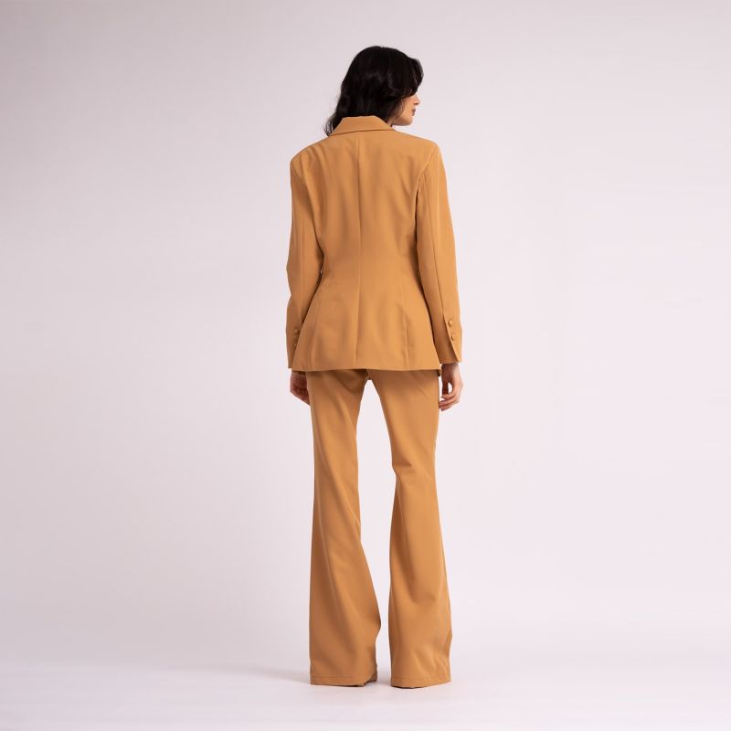 Camel Suit With Slim Fit Blazer And Flared Trousers image