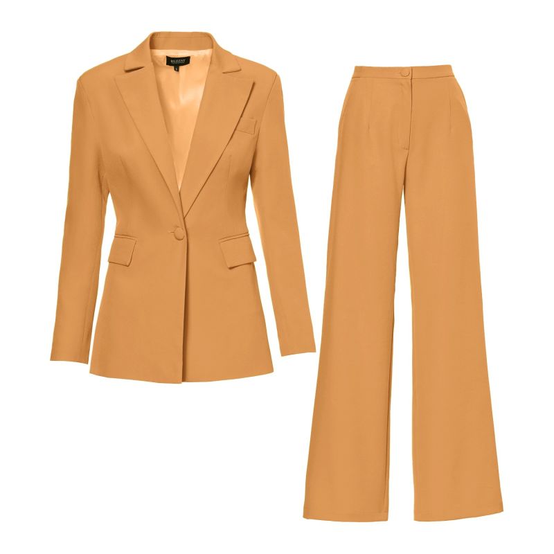 Camel Suit With Slim Fit Blazer And Flared Trousers image