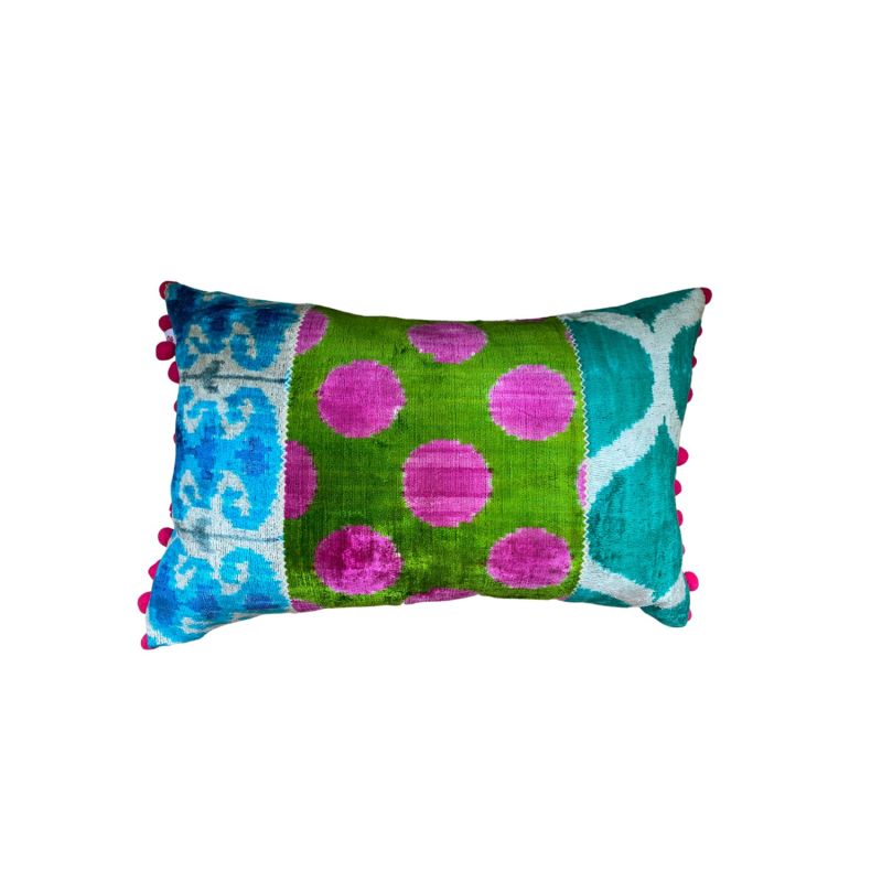 Green & Pink Patchwork Ikat Velvet Cushion With Pom Pom image