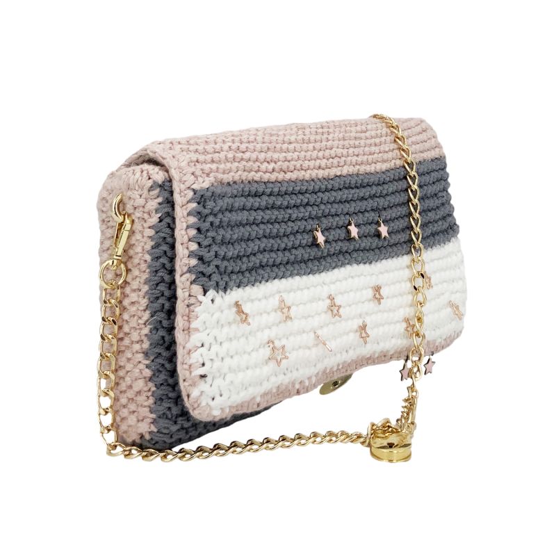Carmina - Hand Knitted Bag With Charms - Pink & Grey & White image