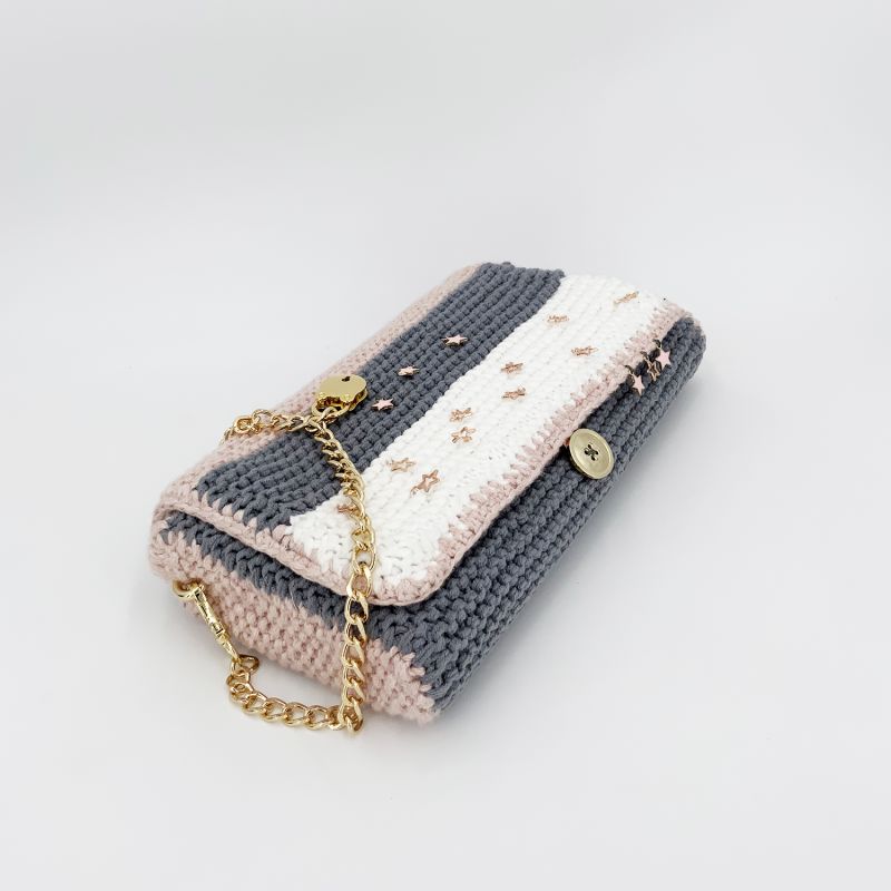 Carmina - Hand Knitted Bag With Charms - Pink & Grey & White image