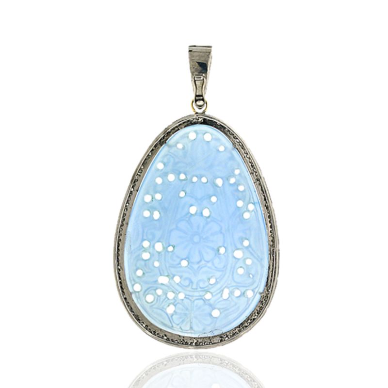 Carved Agate Gemstone With Pave Diamond In 18K Gold & Silver Oval Cut Pendant image