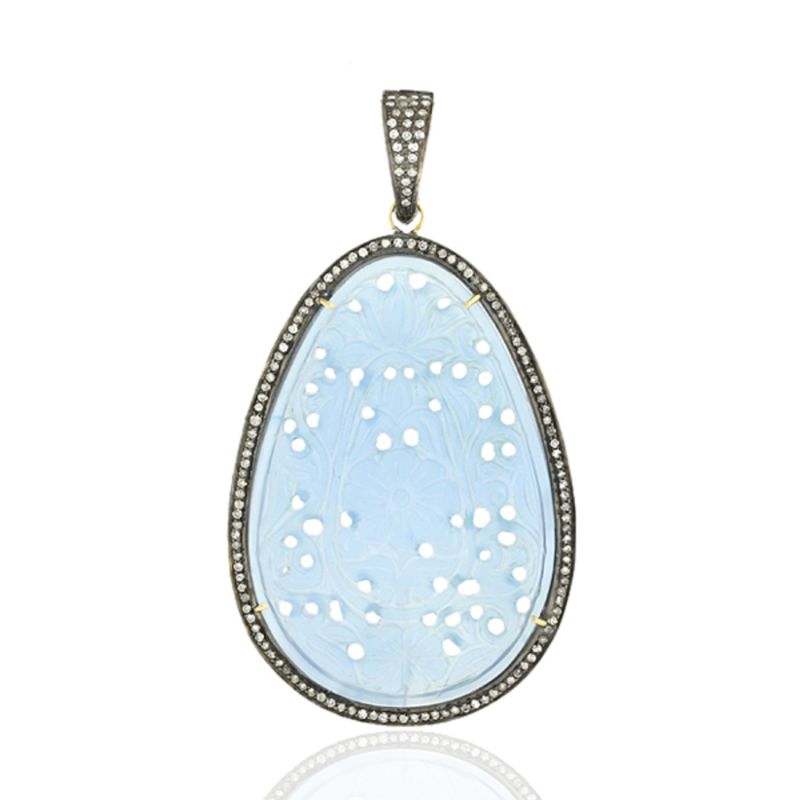 Carved Agate Gemstone With Pave Diamond In 18K Gold & Silver Oval Cut Pendant image