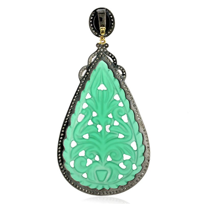 Carved Onyx & Pave Diamond Drop Shape Pendant In 18K Solid Gold With Silver image