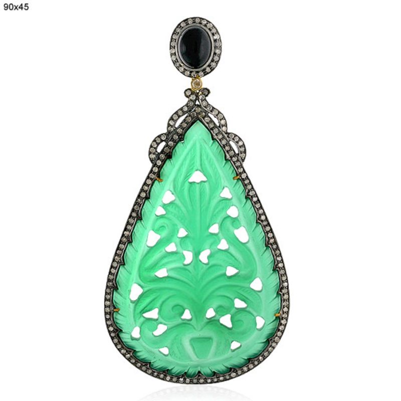 Carved Onyx & Pave Diamond Drop Shape Pendant In 18K Solid Gold With Silver image