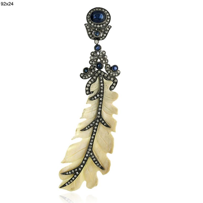 Carving Mammoth & Blue Sapphire With Pave Diamond In 18K Gold Silver Feather Pendant image