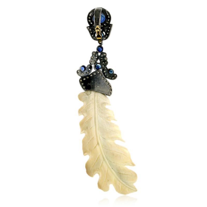 Carving Mammoth & Blue Sapphire With Pave Diamond In 18K Gold Silver Feather Pendant image