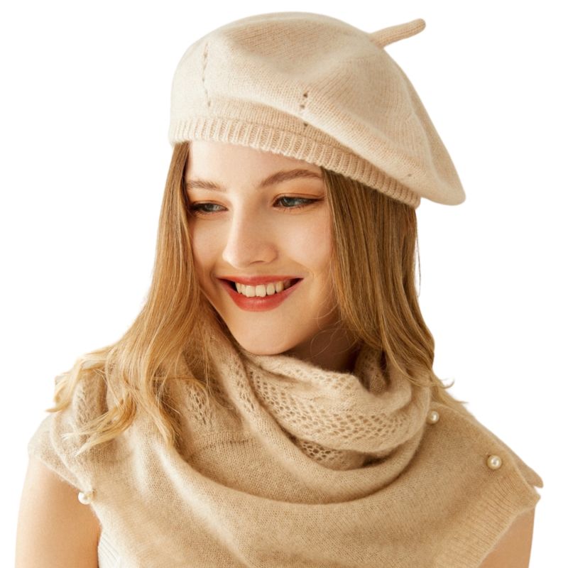 Cashmere Rib Trim Beret Hat - Cream image